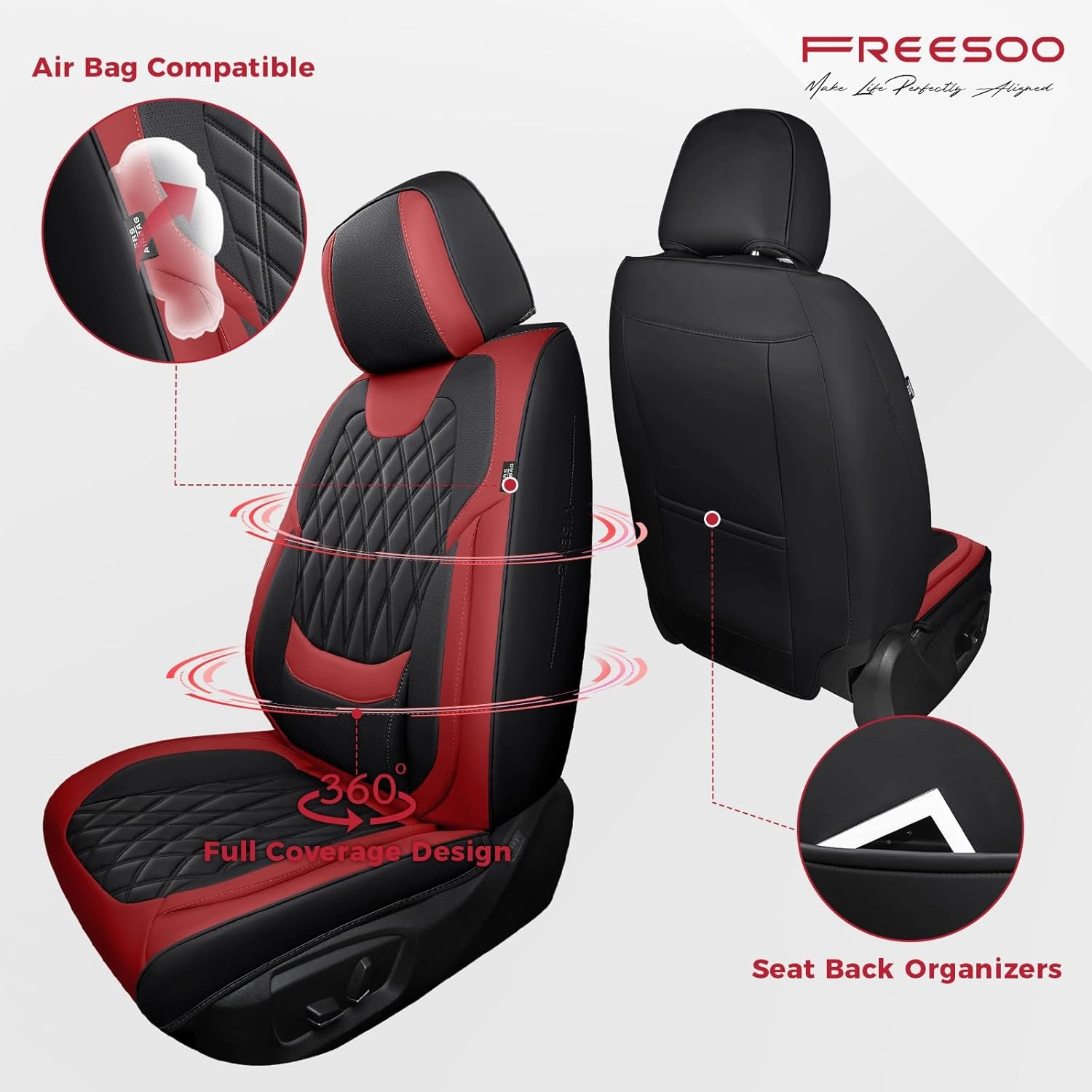 FREESOO Black Red Car Seat Covers Full Set - Faux Nappa Leather Seat Covers for Cars, Breathable Waterproof Front Seats with Lumbar Support and Rear Seat Cover, Fit for Automotive Sedans SUVs Pickups