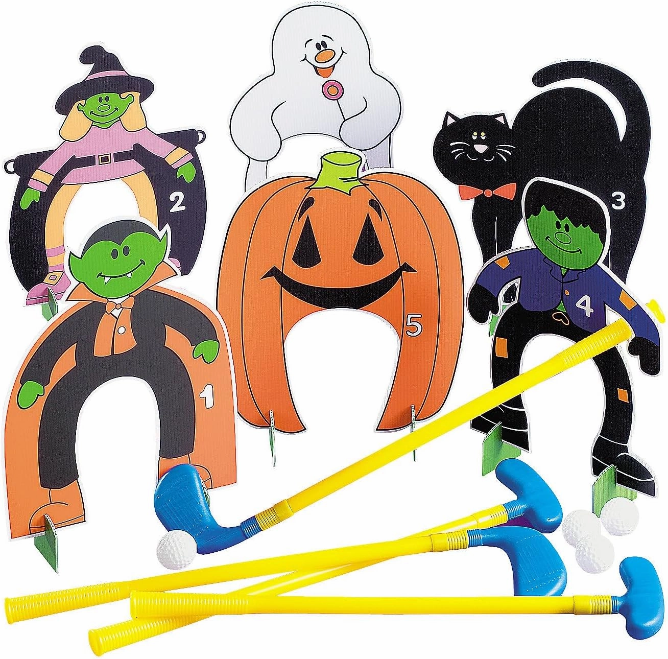 Fun Express Halloween Mini Golf Set – Includes 2 Clubs 2 Balls Holes Accessories – Perfect for Halloween Party Games Trick-or-Treat Fun – Indoor/Outdoor Play Kids’ Halloween Toys Spooky Design – 1 Set