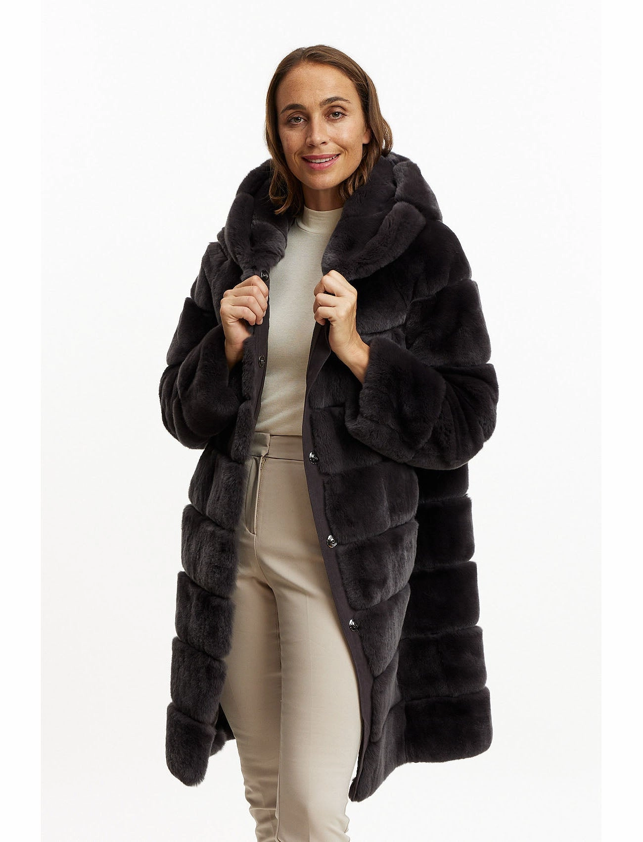Fur jacket with hood - basalt grey