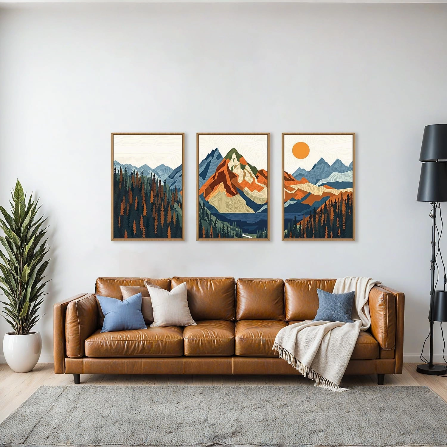 FWIEXA Boho Mountain Framed Canvas Wall Art Set, Abstract Forest Pine Tree Wall Decor, Nature Landscape Artwork, Retro Lake Sunset Art Prints for Living Room, Bedroom, Office - Size 16"x24"x3