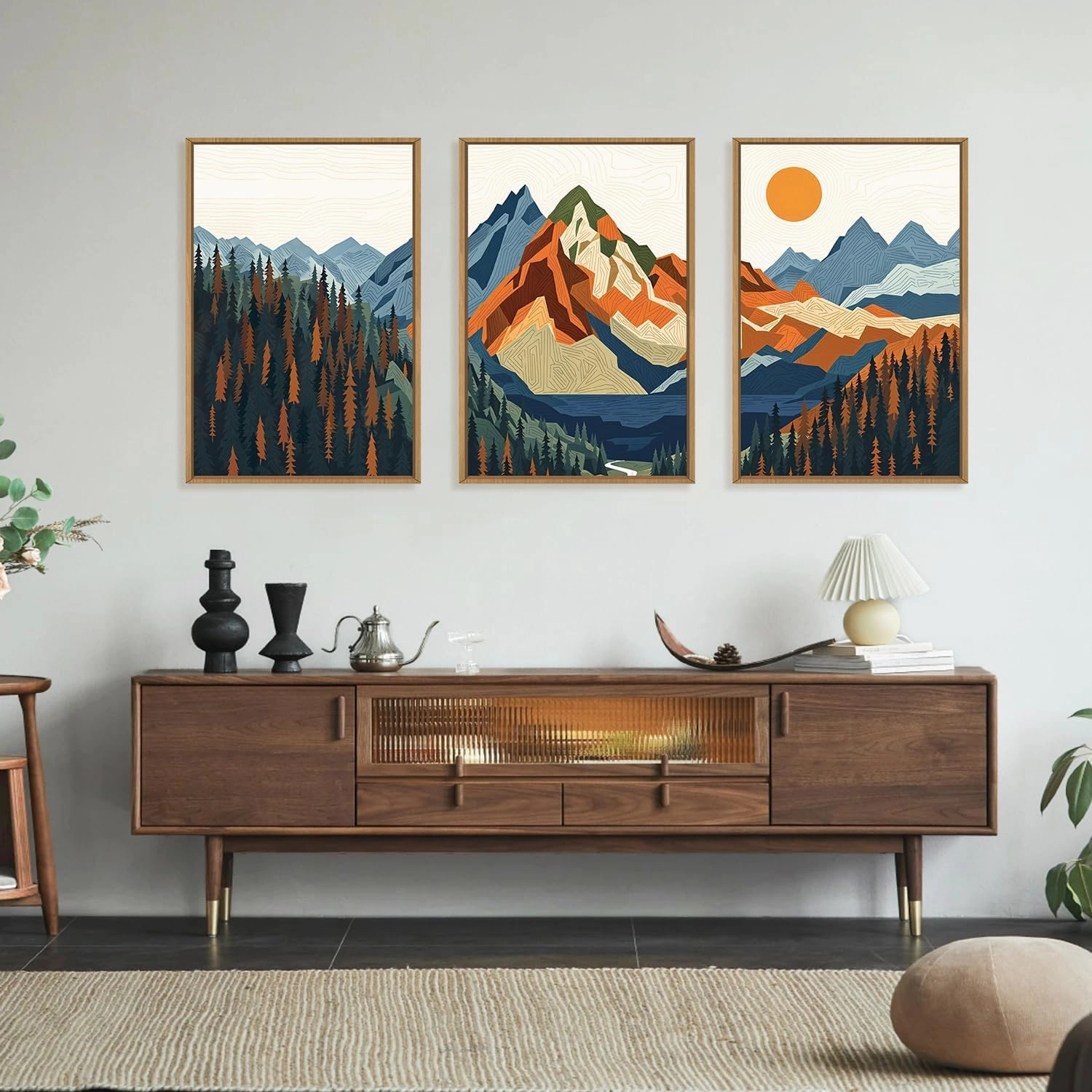 FWIEXA Boho Mountain Framed Canvas Wall Art Set, Abstract Forest Pine Tree Wall Decor, Nature Landscape Artwork, Retro Lake Sunset Art Prints for Living Room, Bedroom, Office - Size 16"x24"x3