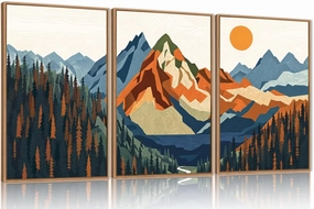 FWIEXA Boho Mountain Framed Canvas Wall Art Set, Abstract Forest Pine Tree Wall Decor, Nature Landscape Artwork, Retro Lake Sunset Art Prints for Living Room, Bedroom, Office - Size 16"x24"x3