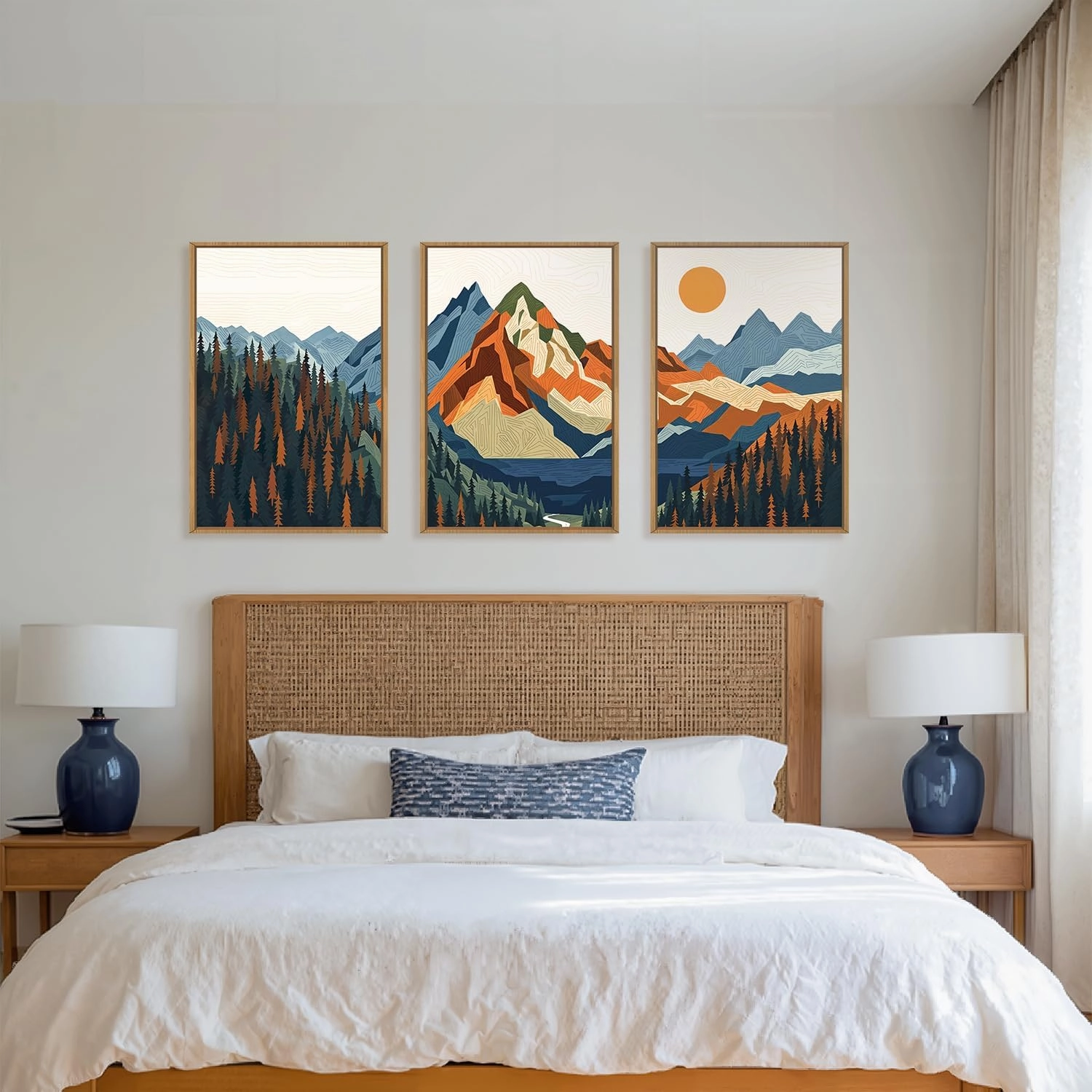FWIEXA Boho Mountain Framed Canvas Wall Art Set, Abstract Forest Pine Tree Wall Decor, Nature Landscape Artwork, Retro Lake Sunset Art Prints for Living Room, Bedroom, Office - Size 16"x24"x3