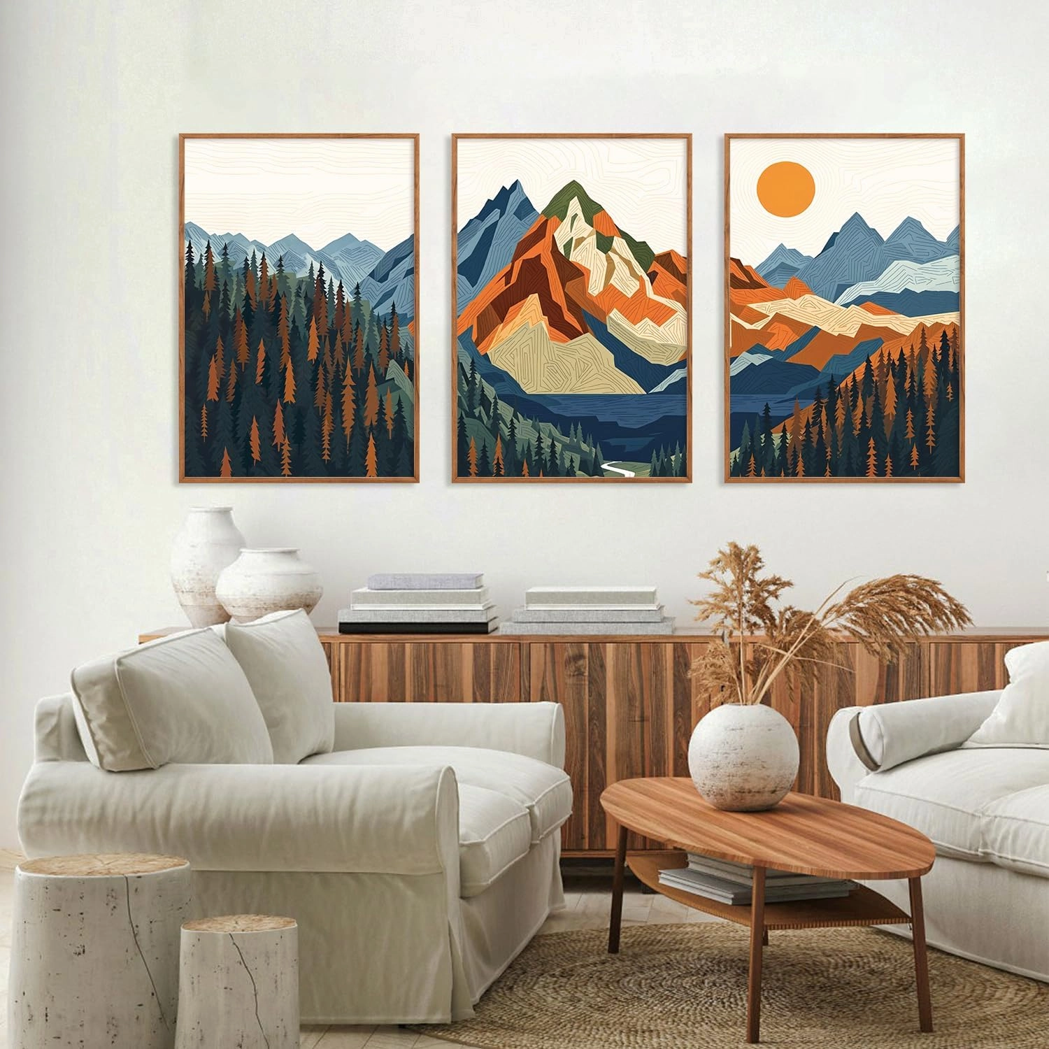 FWIEXA Boho Mountain Framed Canvas Wall Art Set, Abstract Forest Pine Tree Wall Decor, Nature Landscape Artwork, Retro Lake Sunset Art Prints for Living Room, Bedroom, Office - Size 16"x24"x3