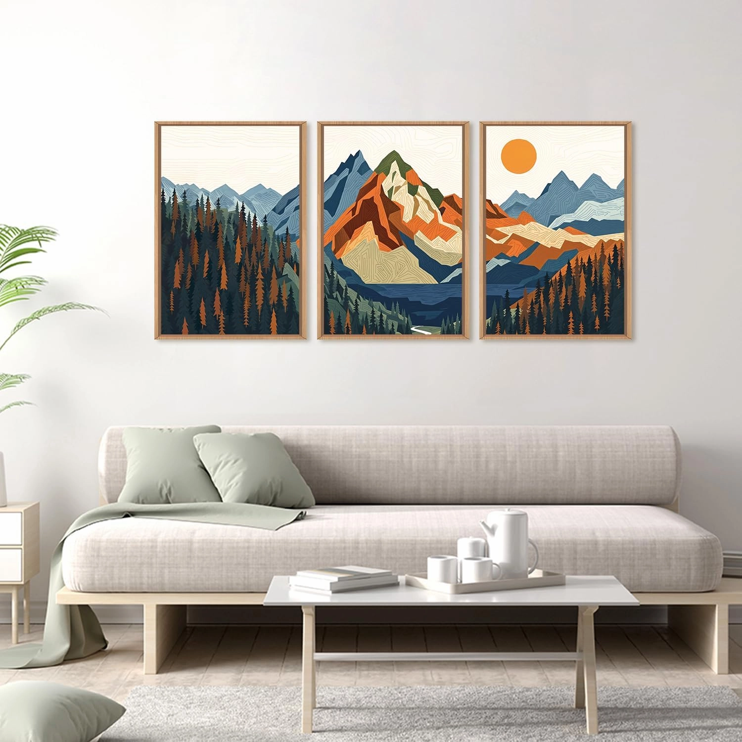 FWIEXA Boho Mountain Framed Canvas Wall Art Set, Abstract Forest Pine Tree Wall Decor, Nature Landscape Artwork, Retro Lake Sunset Art Prints for Living Room, Bedroom, Office - Size 16"x24"x3