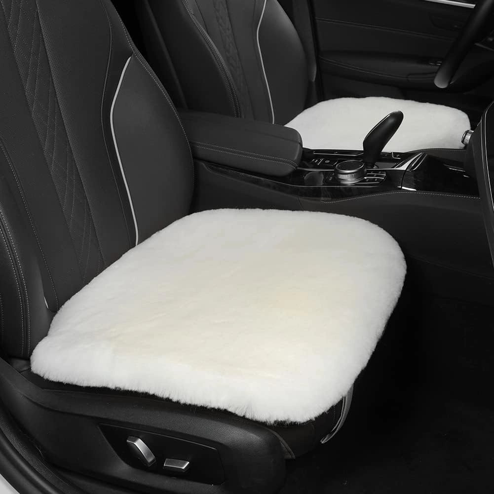 Genuine Sheepskin Auto Seat Pad, Australian Soft Wool Seat Cover Breathable and Sweat-Wicking Comfort Warm Universal Fit,19.2 inch x19.2 inch (Front seat Cushion 1pc, Ivory White)