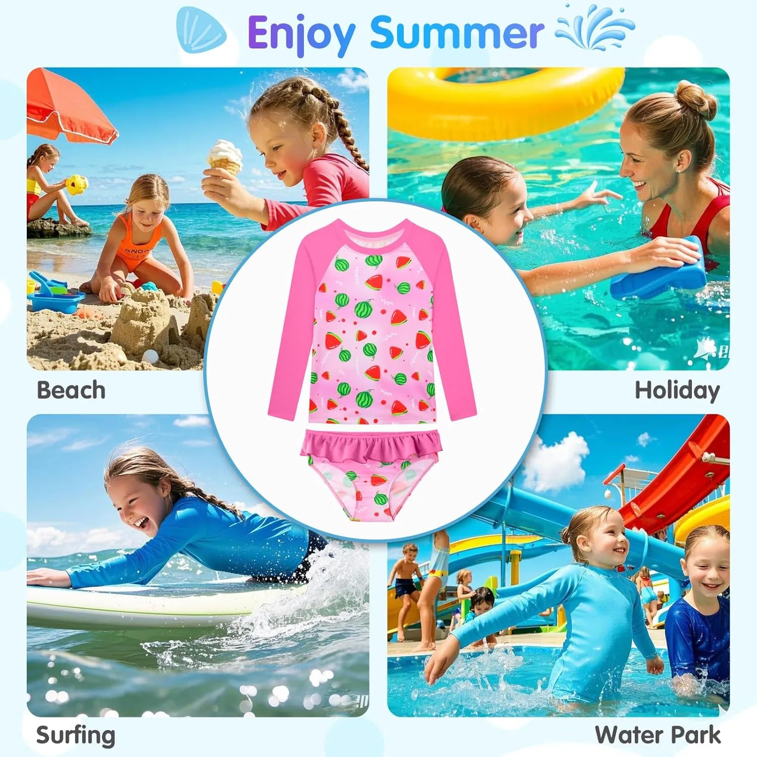 Girls Rash Guard Swimsuit Long Sleeve Tankini Sets Two Pieces Bathing Suit Swimwear UPF 50  Sun Protection