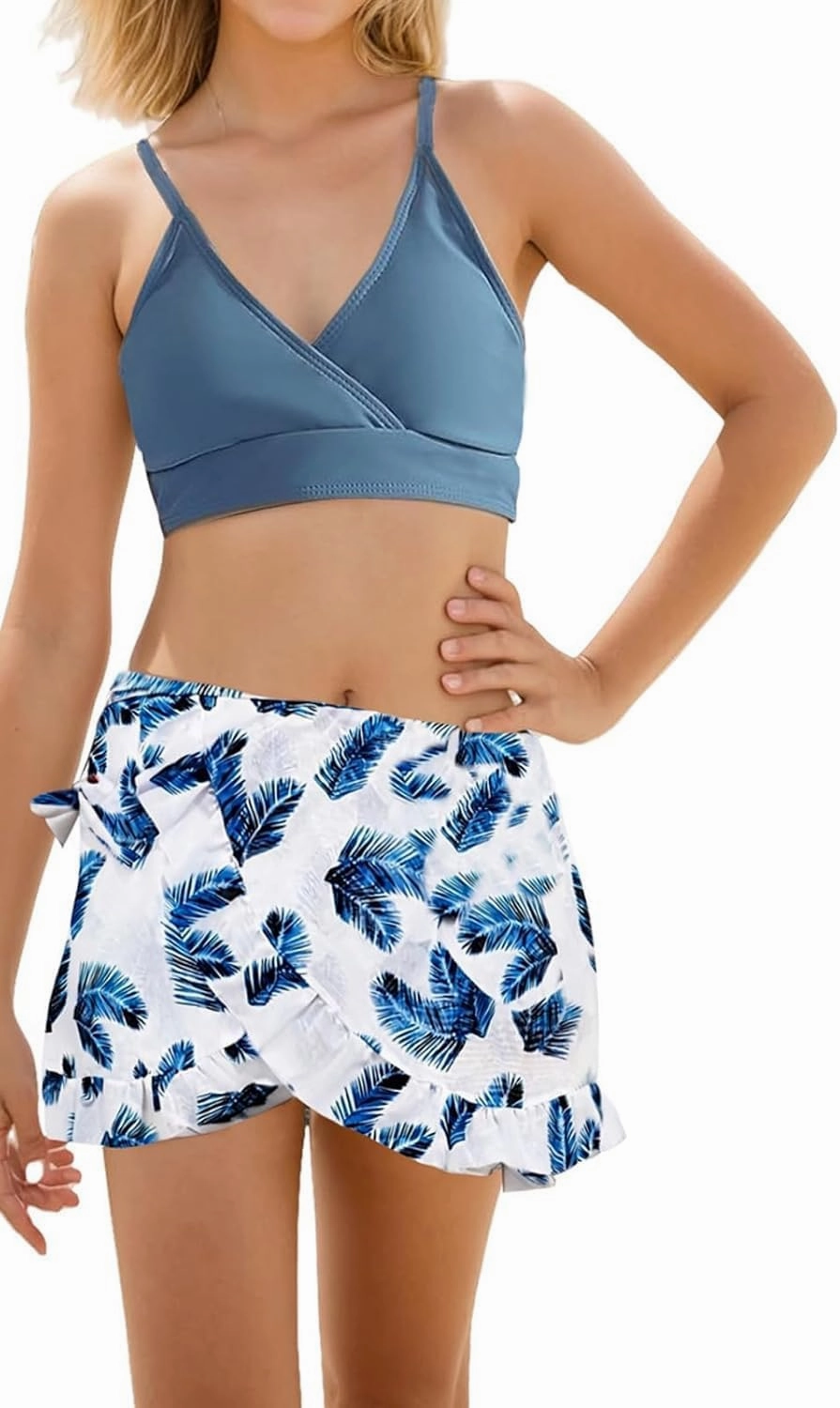 Girls Swimsuit, 3 Piece Bathing Suits V-Neck Ruffle Floral Bikini Set with Skirt Sunglasses Cute Teen Kids Swimwear 8-15T