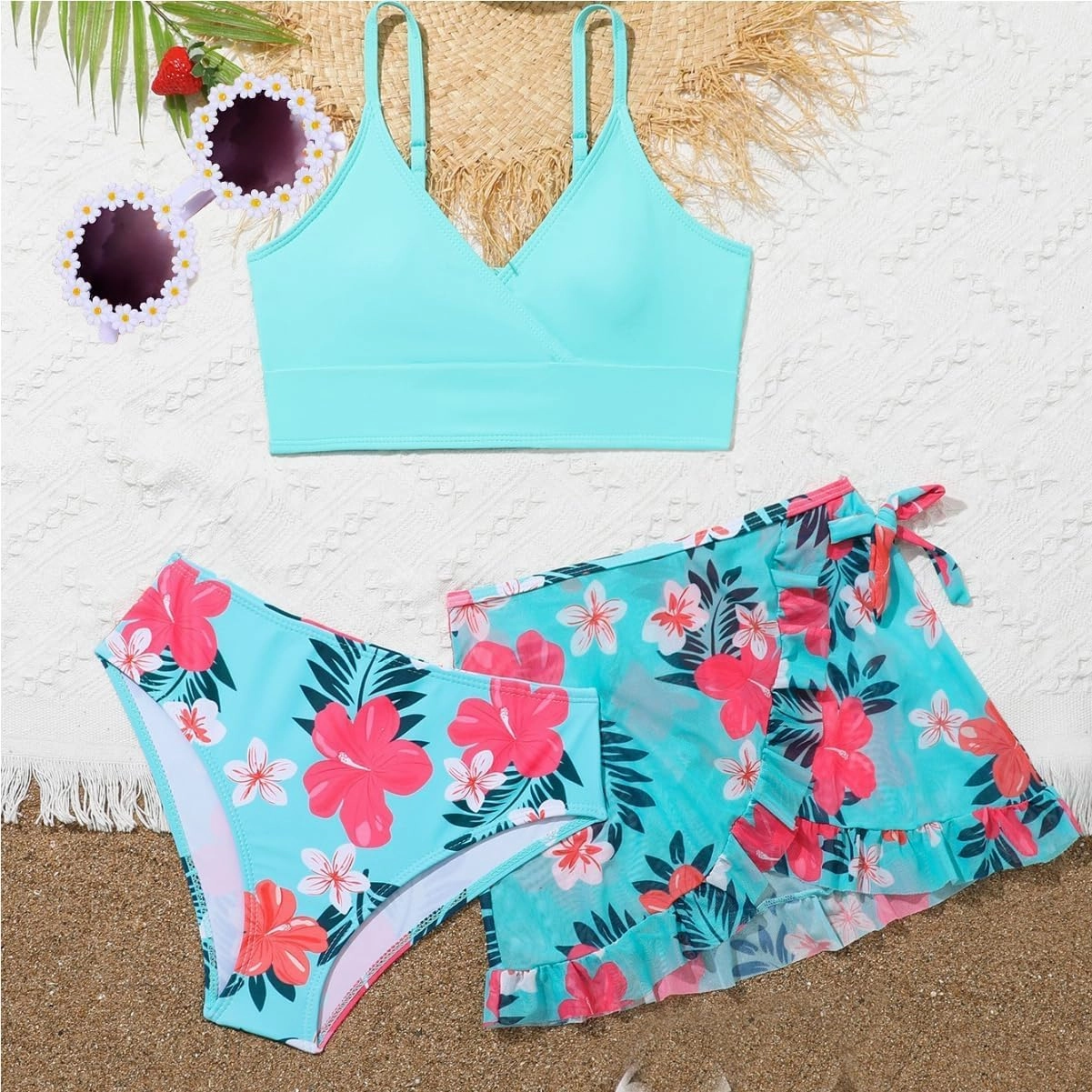 Girls Swimsuit, 3 Piece Bathing Suits V-Neck Ruffle Floral Bikini Set with Skirt Sunglasses Cute Teen Kids Swimwear 8-15T