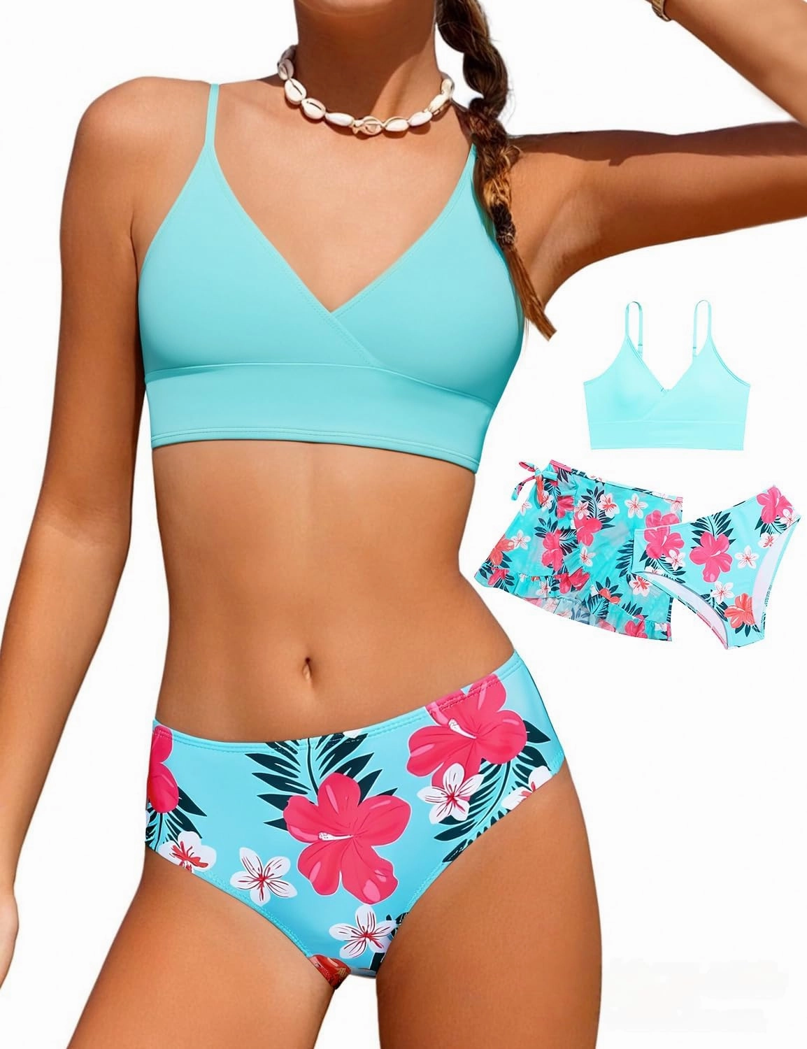 Girls Swimsuit, 3 Piece Bathing Suits V-Neck Ruffle Floral Bikini Set with Skirt Sunglasses Cute Teen Kids Swimwear 8-15T