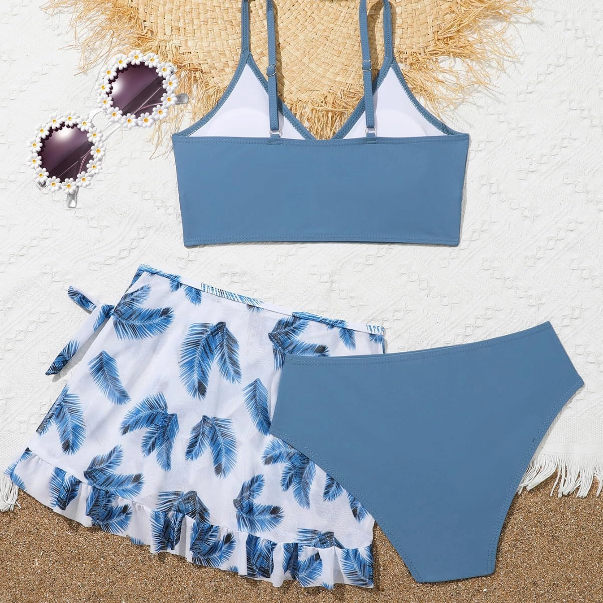 Girls Swimsuit, 3 Piece Bathing Suits V-Neck Ruffle Floral Bikini Set with Skirt Sunglasses Cute Teen Kids Swimwear 8-15T