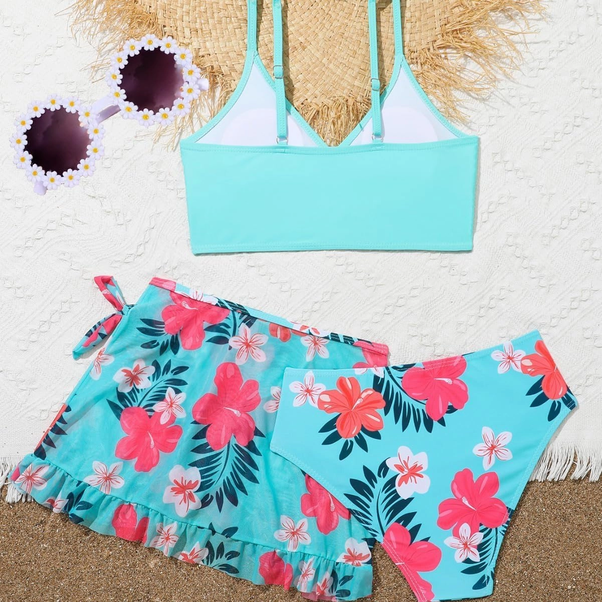 Girls Swimsuit, 3 Piece Bathing Suits V-Neck Ruffle Floral Bikini Set with Skirt Sunglasses Cute Teen Kids Swimwear 8-15T