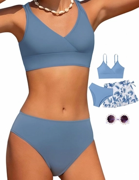 Girls Swimsuit, 3 Piece Bathing Suits V-Neck Ruffle Floral Bikini Set with Skirt Sunglasses Cute Teen Kids Swimwear 8-15T