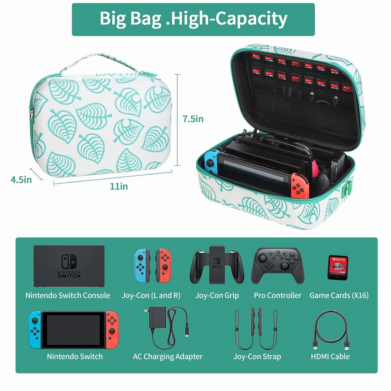 Glamgen Carrying Storage Case for Nintendo Switch,Hard Shell Travel Cases Fits Complete Switch System Console,Switchs Dock,Pro Controller,AC Adapter Cable,Animal Crossing Pattern