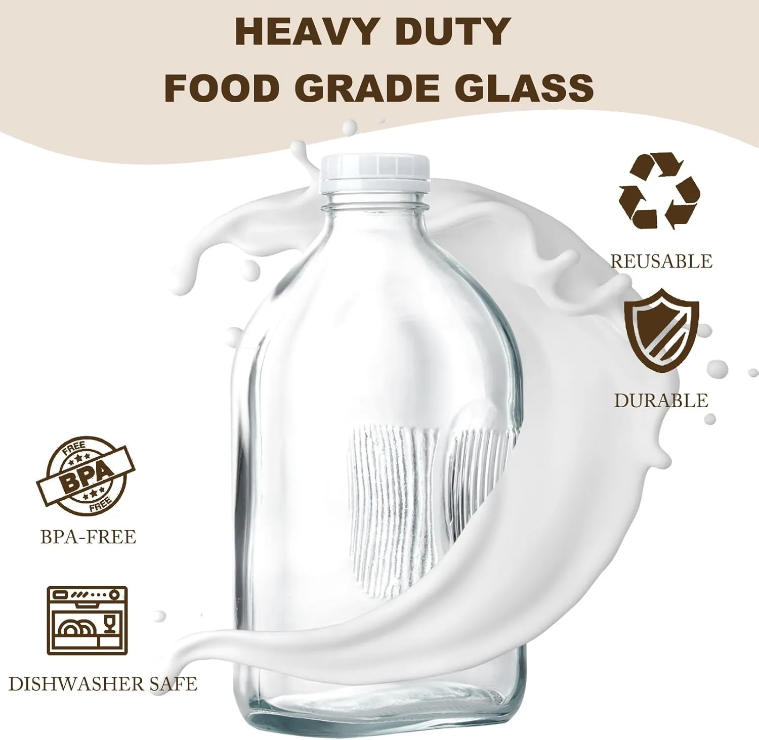 Glass Milk Jugs Containers - Half Gallon Juice Bottles with Airtight Screw Cap and Handle for Milk, Breastmilk, Iced Tea, Cold Water, 64OZ Pitcher Set of 3