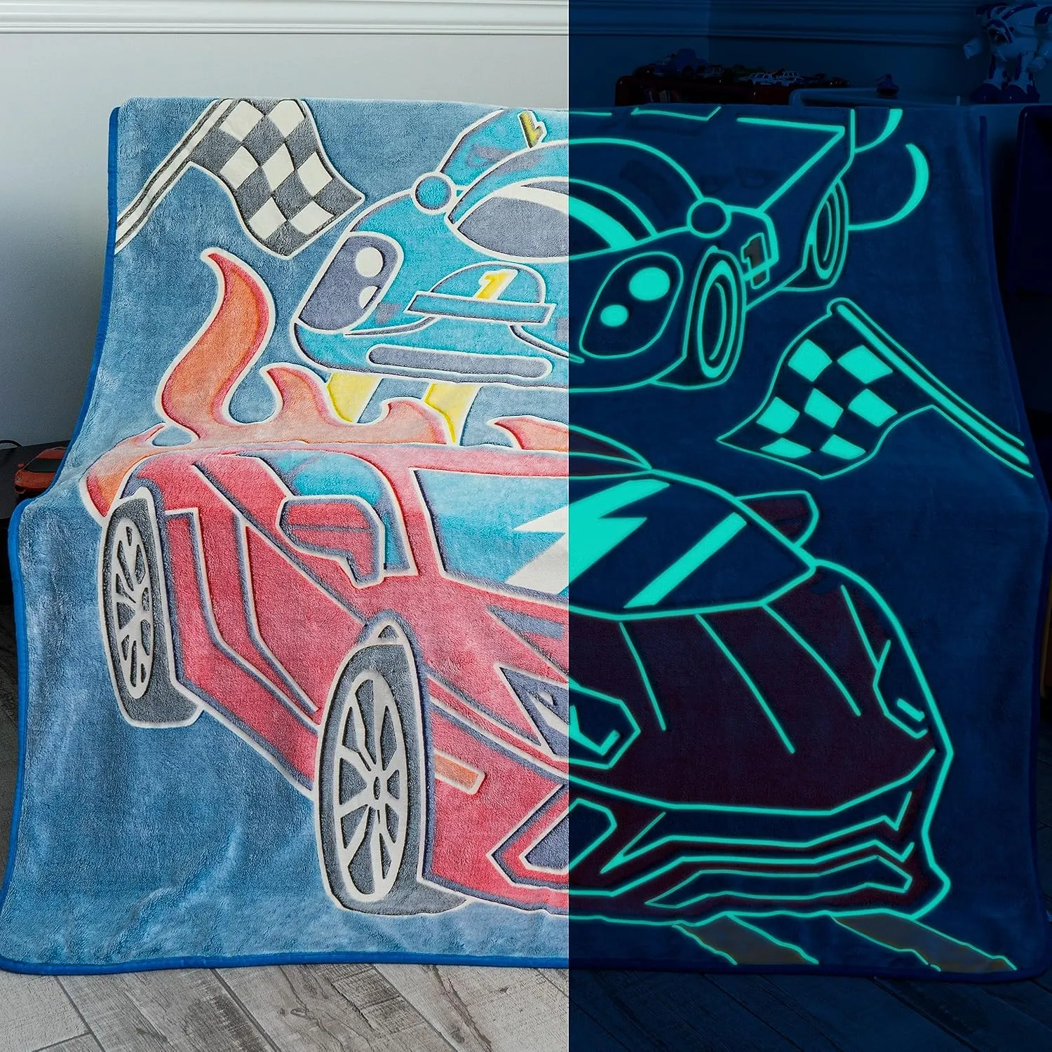 Glow in the Dark Race Car Throw Blanket – Fun Birthday Gift for Kids Who Love Toy Cars & RC Cars. Cool Hot Rod Design with Wheels Burning on the Race Track. Great for Race Car Bed or Boys Room Décor.