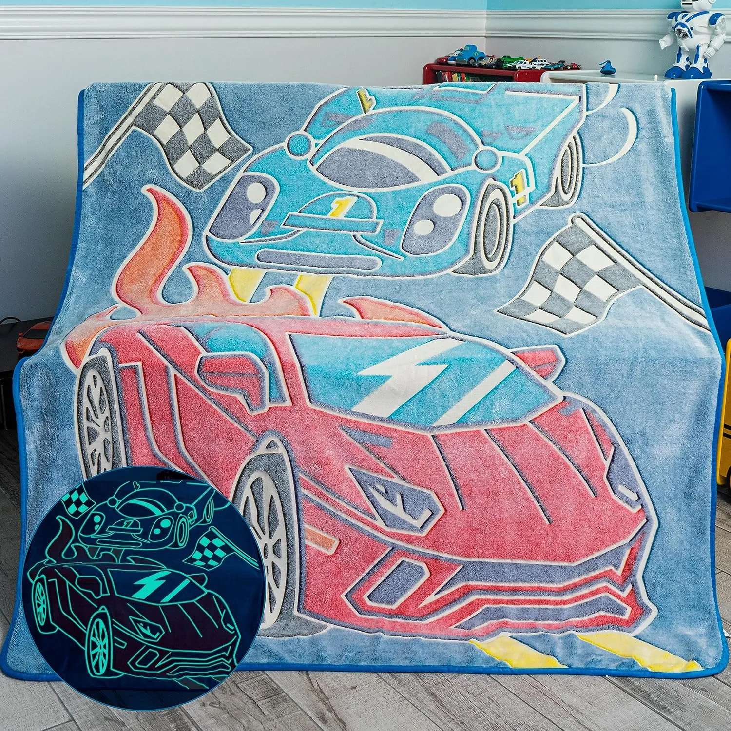 Glow in the Dark Race Car Throw Blanket – Fun Birthday Gift for Kids Who Love Toy Cars & RC Cars. Cool Hot Rod Design with Wheels Burning on the Race Track. Great for Race Car Bed or Boys Room Décor.