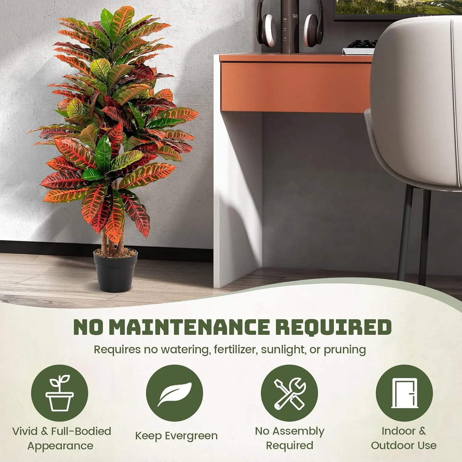 GOFLAME 40” Artificial Croton Plant, Greenery Potted Plant with Colorful Leaves, Natural Wood Trunks, Real Touch Fake Silk Plants, Faux Croton Palm Tree in Pot for Home Office Patio