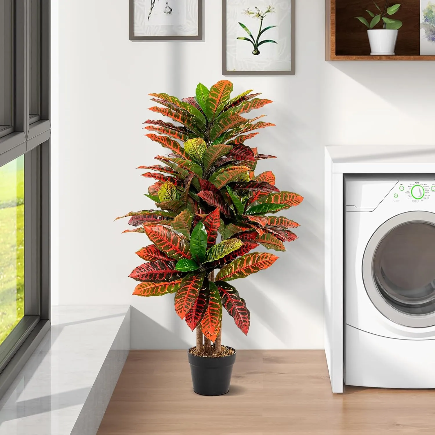 GOFLAME 40” Artificial Croton Plant, Greenery Potted Plant with Colorful Leaves, Natural Wood Trunks, Real Touch Fake Silk Plants, Faux Croton Palm Tree in Pot for Home Office Patio