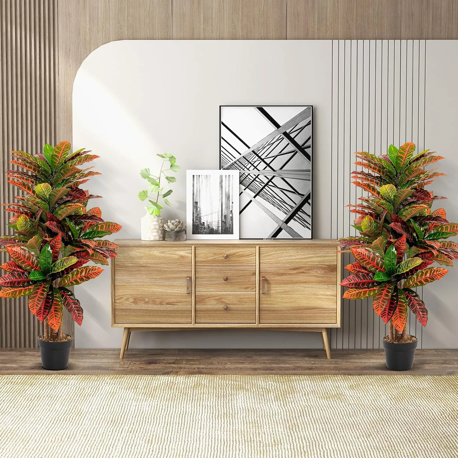 GOFLAME 40” Artificial Croton Plant, Greenery Potted Plant with Colorful Leaves, Natural Wood Trunks, Real Touch Fake Silk Plants, Faux Croton Palm Tree in Pot for Home Office Patio