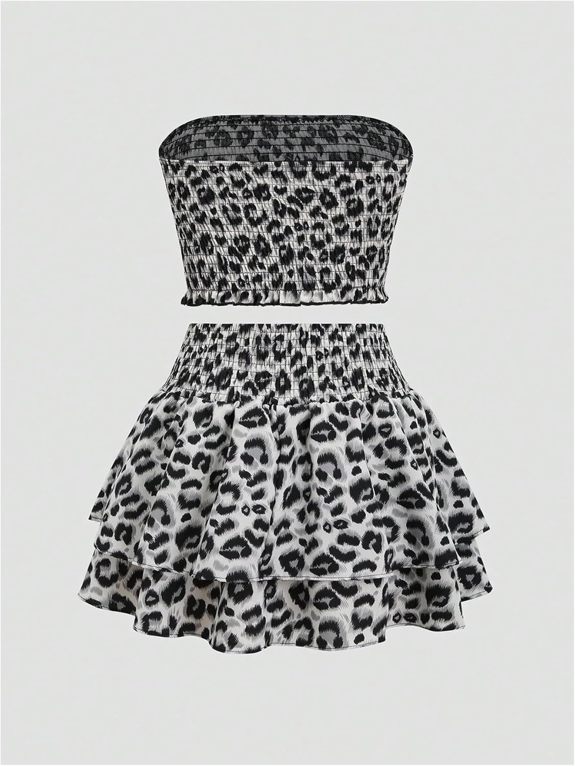 GORGLITTER Women's Summer Y2k Skirt Sets 2 Piece Outfits Leopard Crop Tube Tops Cheetah Print Ruffle Layered Mini Skirts Set