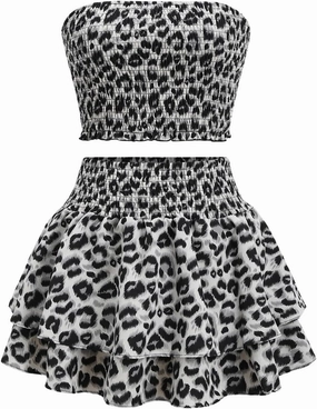 GORGLITTER Women's Summer Y2k Skirt Sets 2 Piece Outfits Leopard Crop Tube Tops Cheetah Print Ruffle Layered Mini Skirts Set