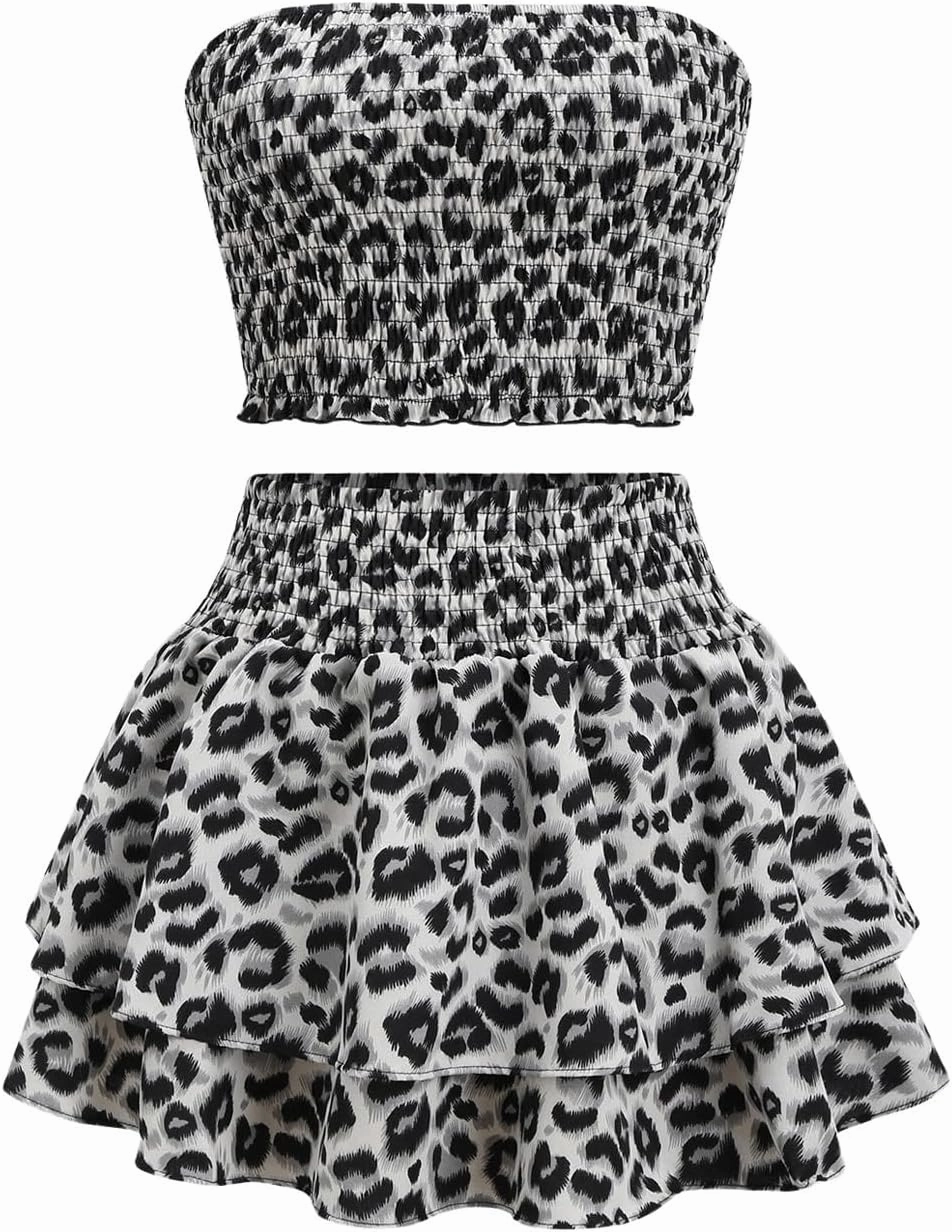 GORGLITTER Women's Summer Y2k Skirt Sets 2 Piece Outfits Leopard Crop Tube Tops Cheetah Print Ruffle Layered Mini Skirts Set