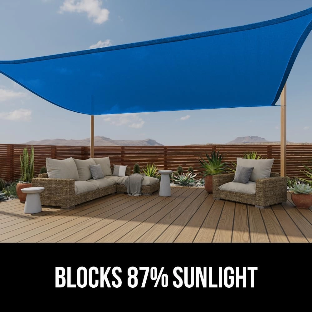 GORILLA GRIP Heavy Duty Sun Shade, UV Protection Fade Tear and Rust Resistant Rectangle Sunshade Canopy, Curved Edges Blocks Sunlight, Breathable Sail, Outdoor Patio, Lawn Garden 10x13 FT Blue
