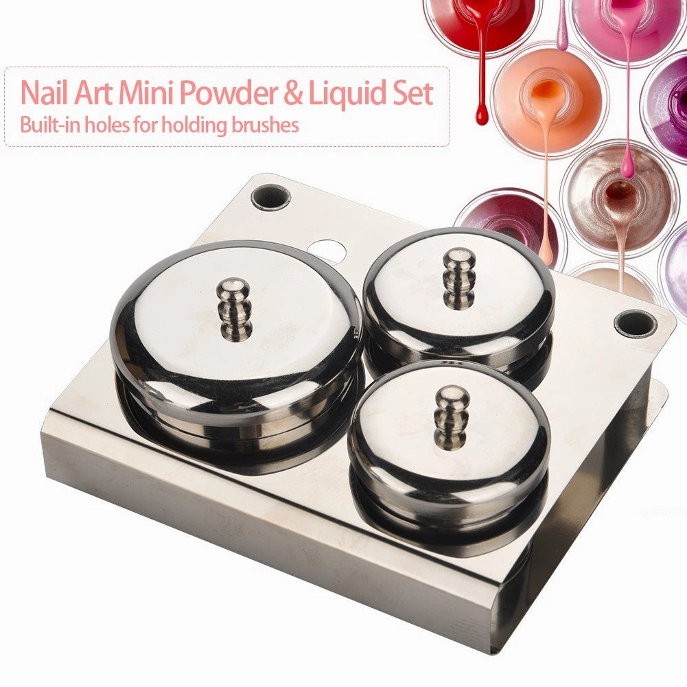 GOTOTOP 3Pcs Acrylic Nail Powder Container Stainless Steel Nail Art Mini Powder & Liquid Set Cans Storage Box Compact Manicure Tools 13.50 x 11.00 x 6.50cm