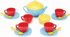 Green Toys Tea Set, Blue/Red/Yellow - 17 Piece Pretend Play, Motor Skills, Language & Communication Kids Role Play Toy. No BPA, phthalates, PVC. Dishwasher Safe, Recycled Plastic, Made in USA.