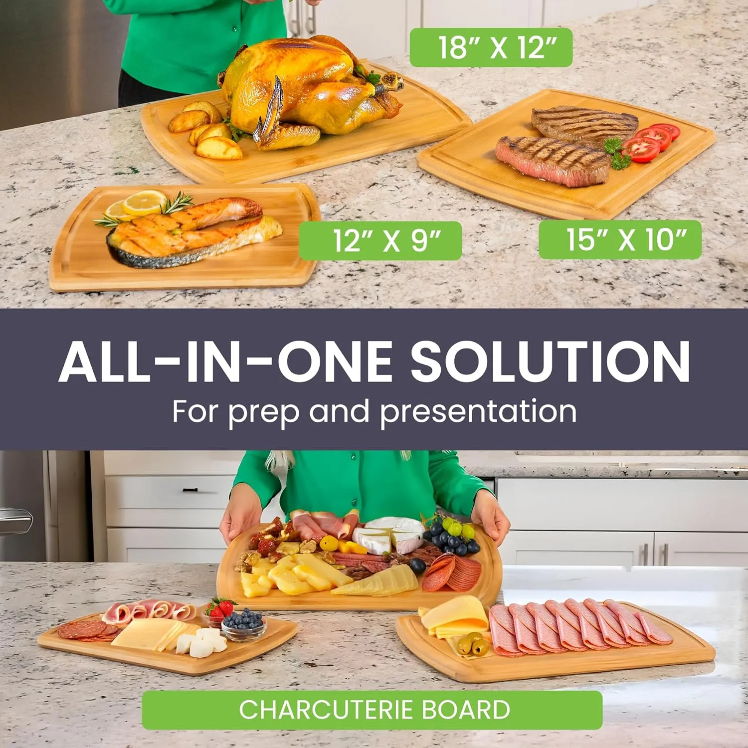 Greener Chef No Glue Bamboo Cutting Board Set of 3 with Lifetime Replacements - 62% More Cutting Area - Single-Piece