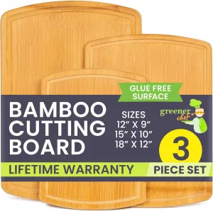 Greener Chef No Glue Bamboo Cutting Board Set of 3 with Lifetime Replacements - 62% More Cutting Area - Single-Piece