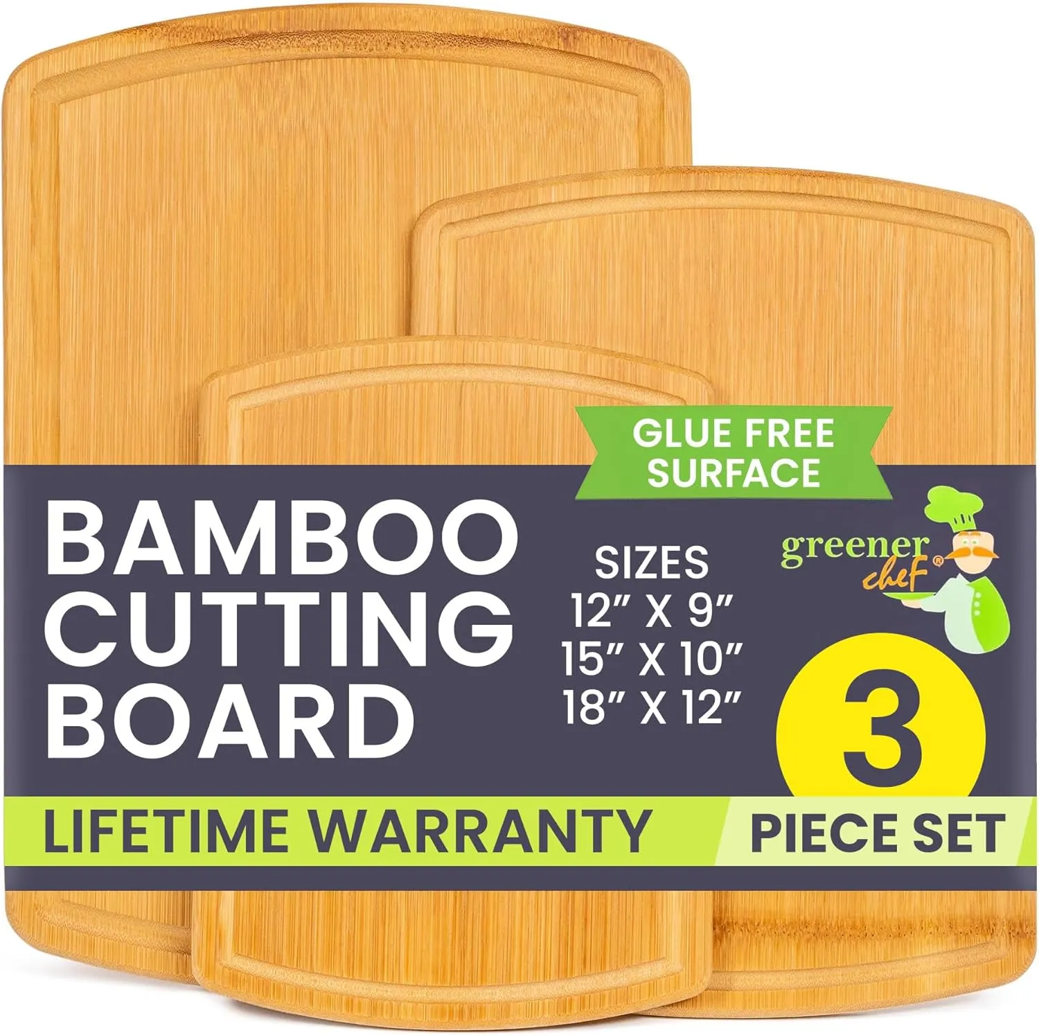 Greener Chef No Glue Bamboo Cutting Board Set of 3 with Lifetime Replacements - 62% More Cutting Area - Single-Piece