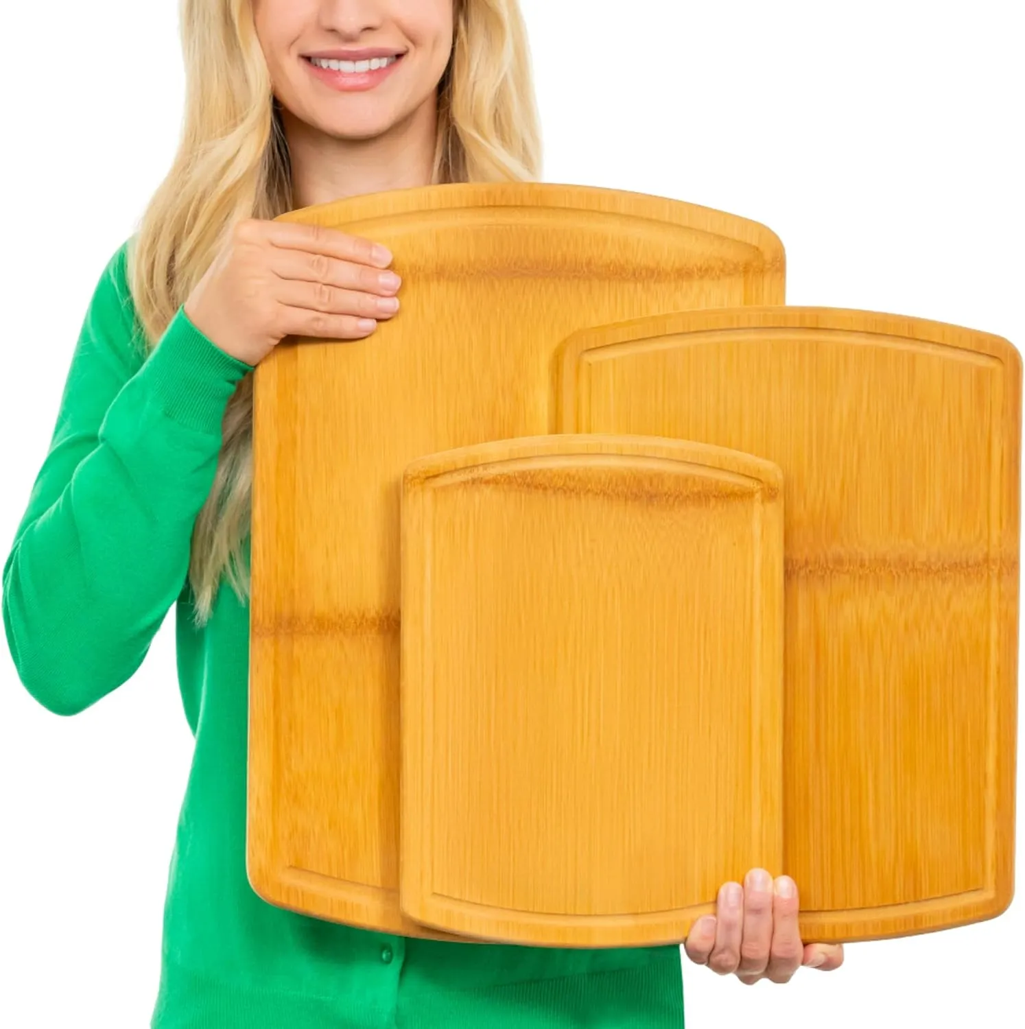 Greener Chef No Glue Bamboo Cutting Board Set of 3 with Lifetime Replacements - 62% More Cutting Area - Single-Piece