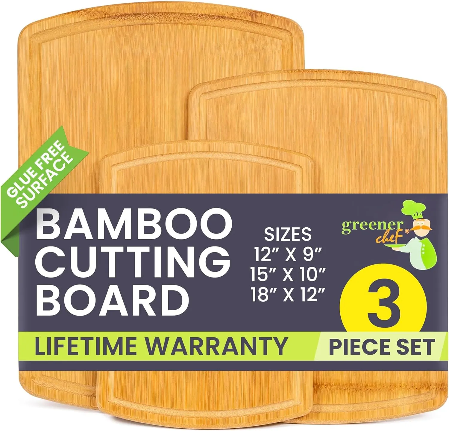 Greener Chef No Glue Bamboo Cutting Board Set of 3 with Lifetime Replacements - 62% More Cutting Area - Single-Piece