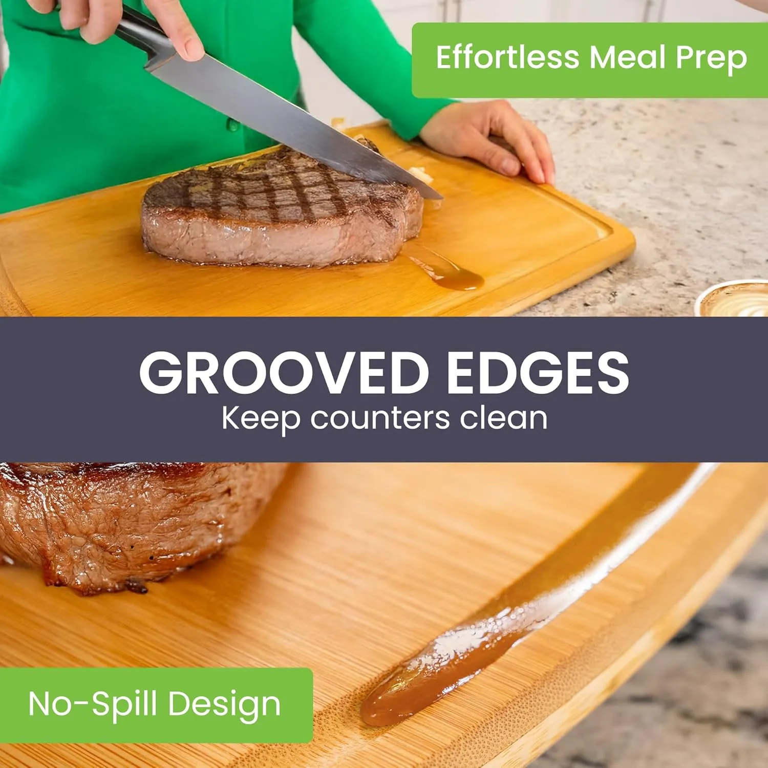 Greener Chef No Glue Bamboo Cutting Board Set of 3 with Lifetime Replacements - 62% More Cutting Area - Single-Piece