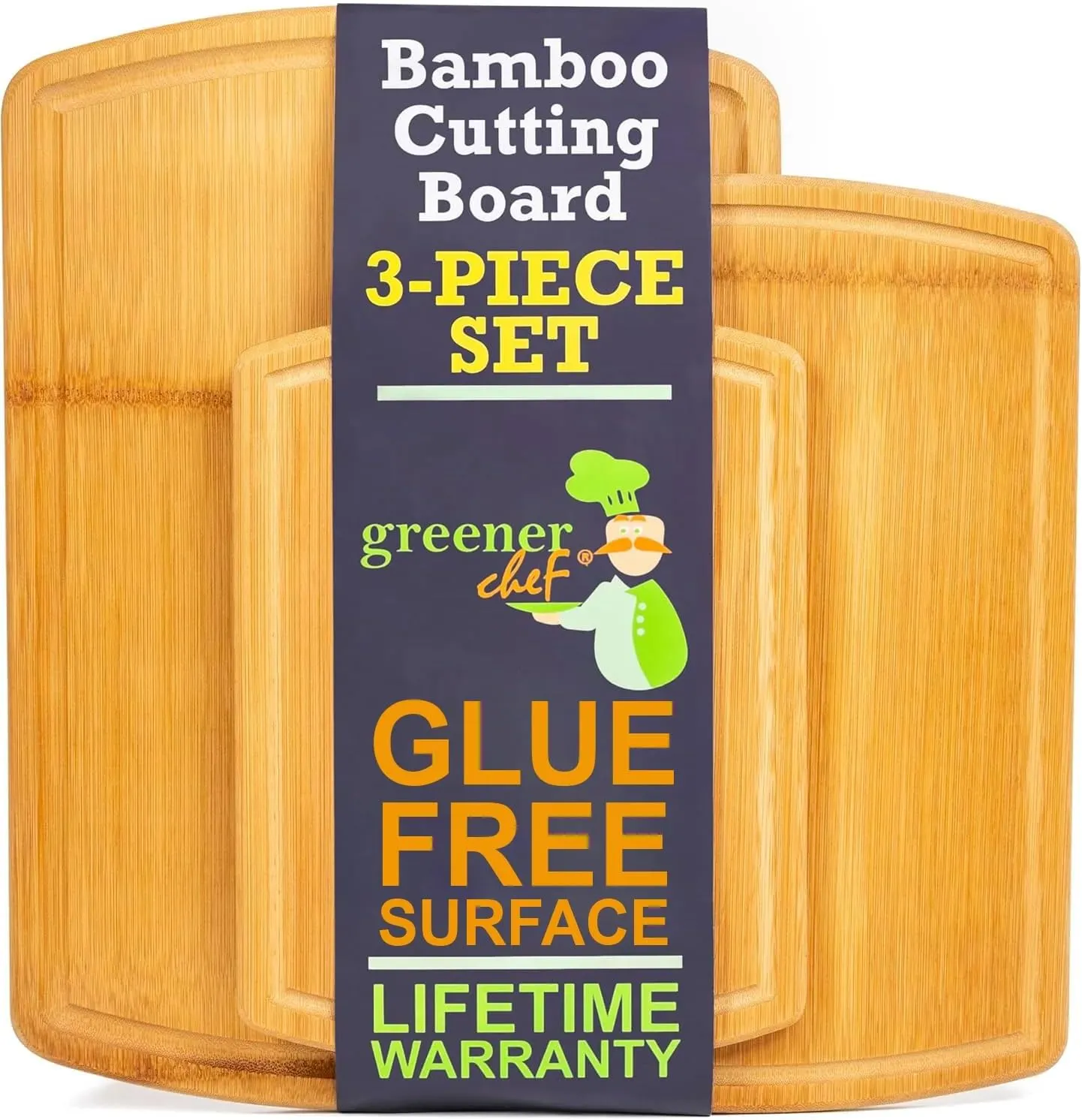 Greener Chef No Glue Bamboo Cutting Board Set of 3 with Lifetime Replacements - 62% More Cutting Area - Single-Piece