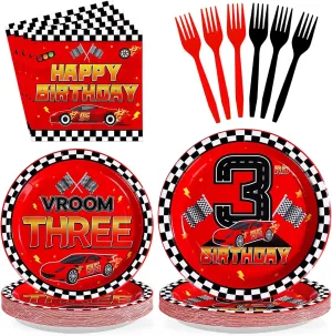 Grencian 96Pcs Red Racing Car 3rd Birthday Party Decorations Supplies Hot Car Plates and Napkins Racing Themed Disposable Tableware Set for 3 years old Boys Transportation Birthday Party Serve 24