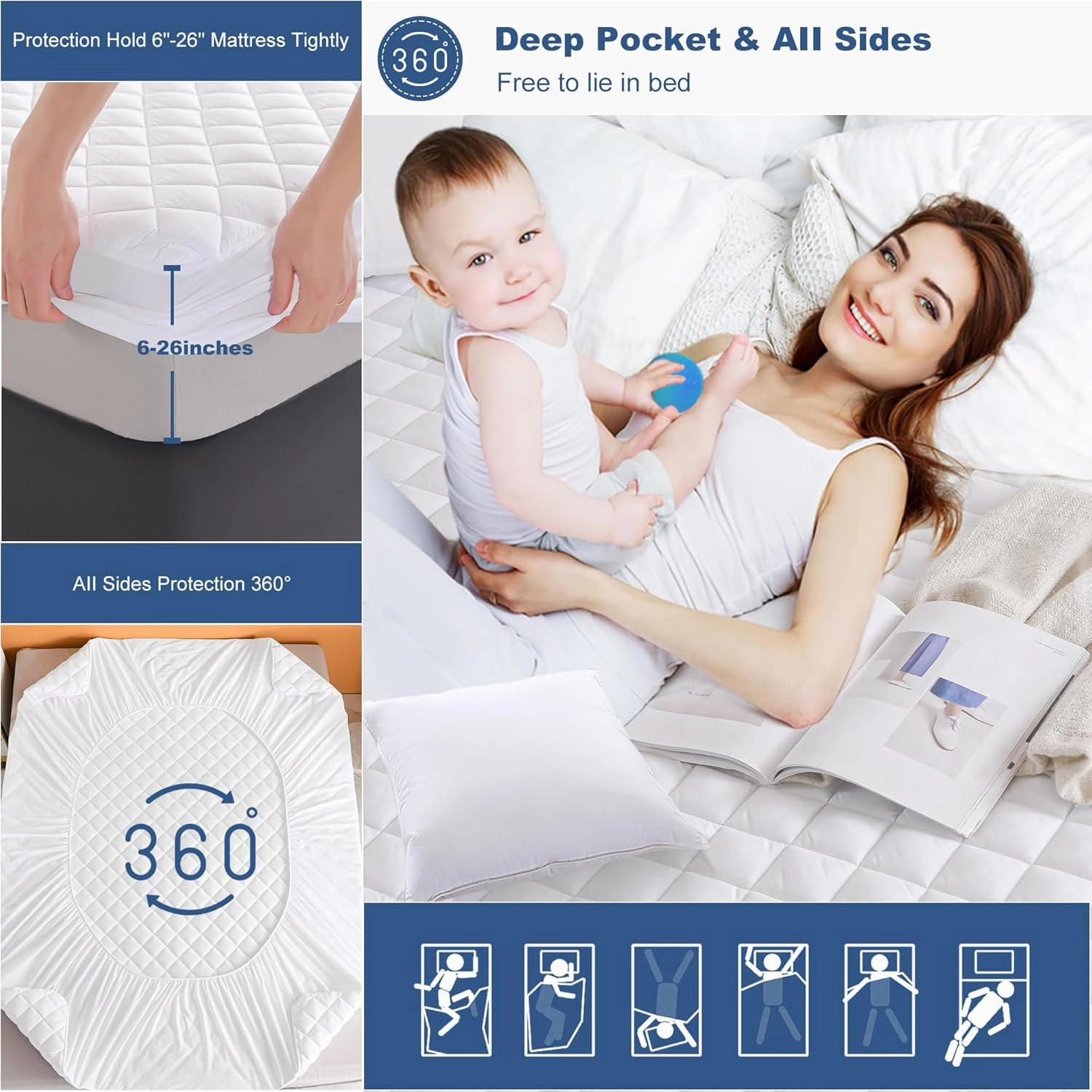 GRT King Waterproof Mattress Pad, 100% Waterproof Quilted Fitted Mattress Protector, Noiseless Hollow Cotton Mattress Cover, Fitted 8"-26" Deep, Dust Proof