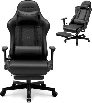 GTRACING Gaming Chair with Footrest, Racing Style Computer Chair for Adult, Adjustable Reclining Backrest and Lumbar Support, Stylish High Back Chair for Gaming and Office (Black)