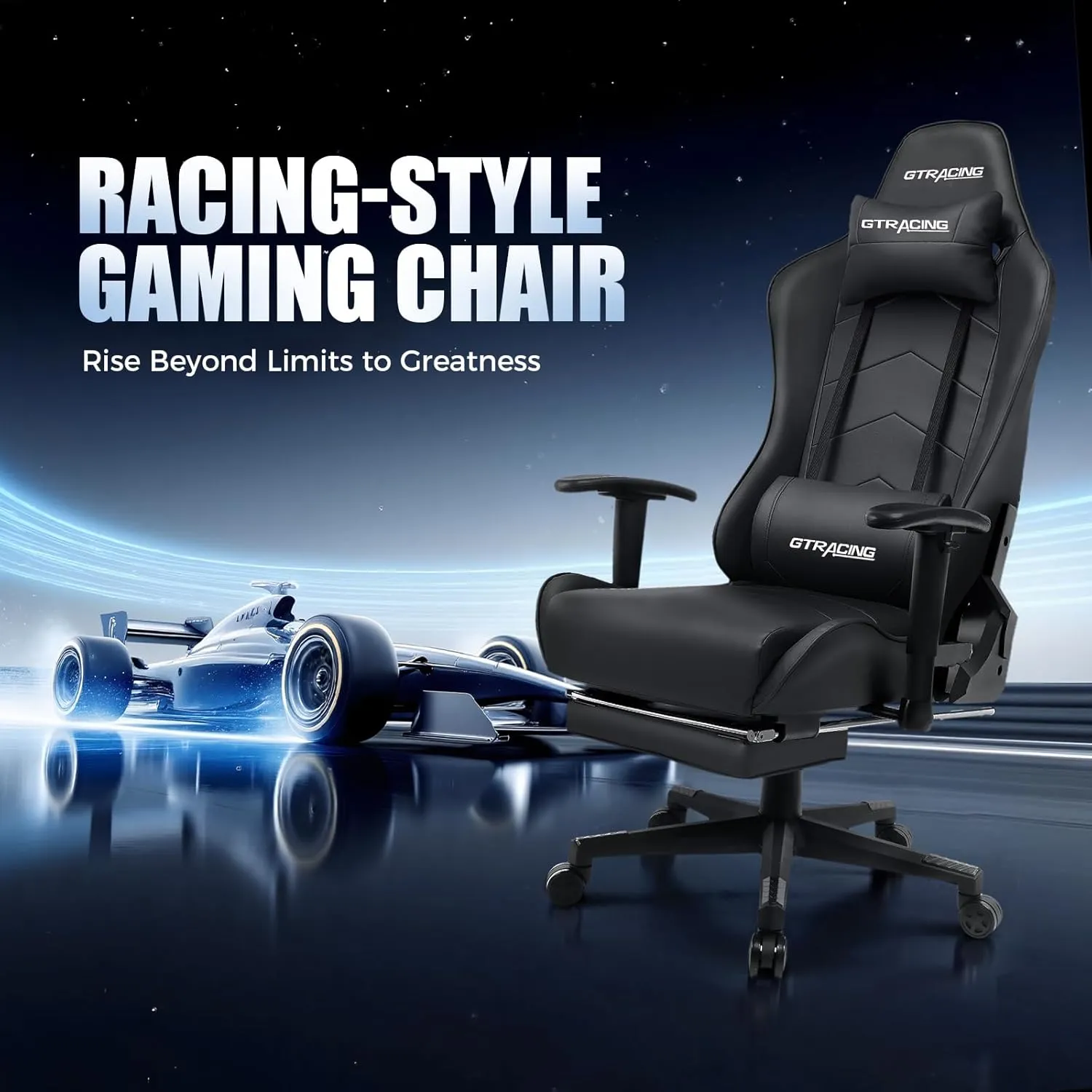 GTRACING Gaming Chair with Footrest, Racing Style Computer Chair for Adult, Adjustable Reclining Backrest and Lumbar Support, Stylish High Back Chair for Gaming and Office (Black)
