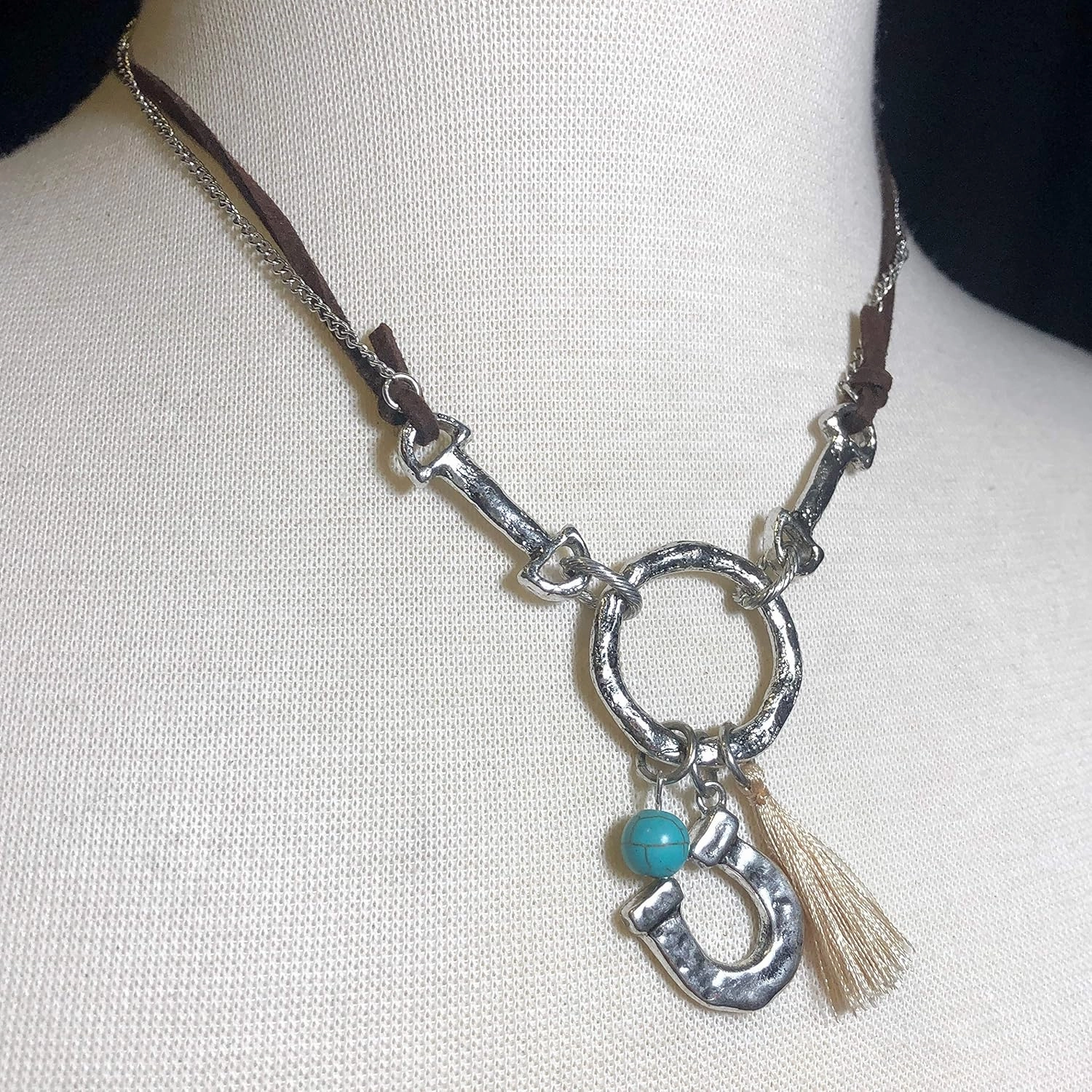Gypsy Jewels Western Style Charm Pendant Silver Tone Chain & Faux Suede Mini Tassel Necklace & Dangle Earrings Set
