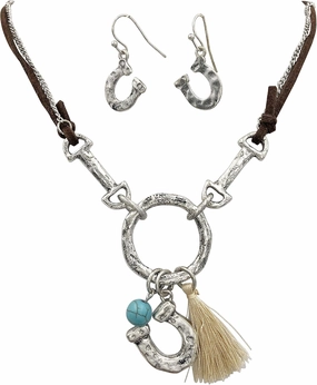 Gypsy Jewels Western Style Charm Pendant Silver Tone Chain & Faux Suede Mini Tassel Necklace & Dangle Earrings Set
