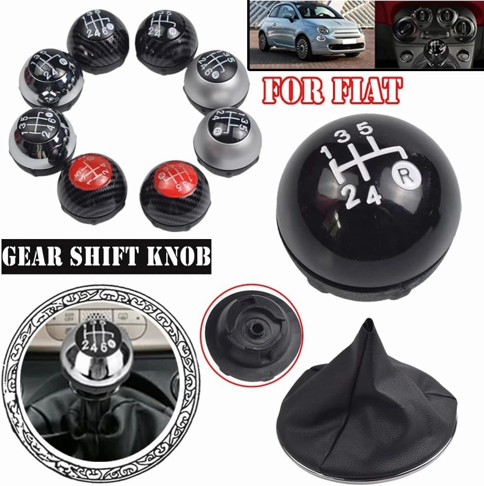 Hacreyatu 5 Speed Gear Shift Knob Sitck Head Leather Gloss Black Cap Replacement，Compatible with Fiat 500 500C 2007-2018 (5 Speed Bright Black)