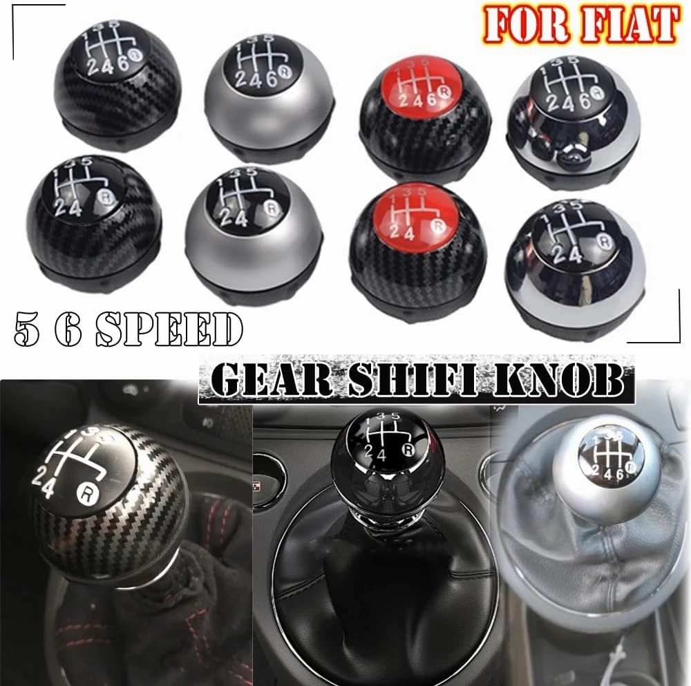 Hacreyatu 5 Speed Gear Shift Knob Sitck Head Leather Gloss Black Cap Replacement，Compatible with Fiat 500 500C 2007-2018 (5 Speed Bright Black)