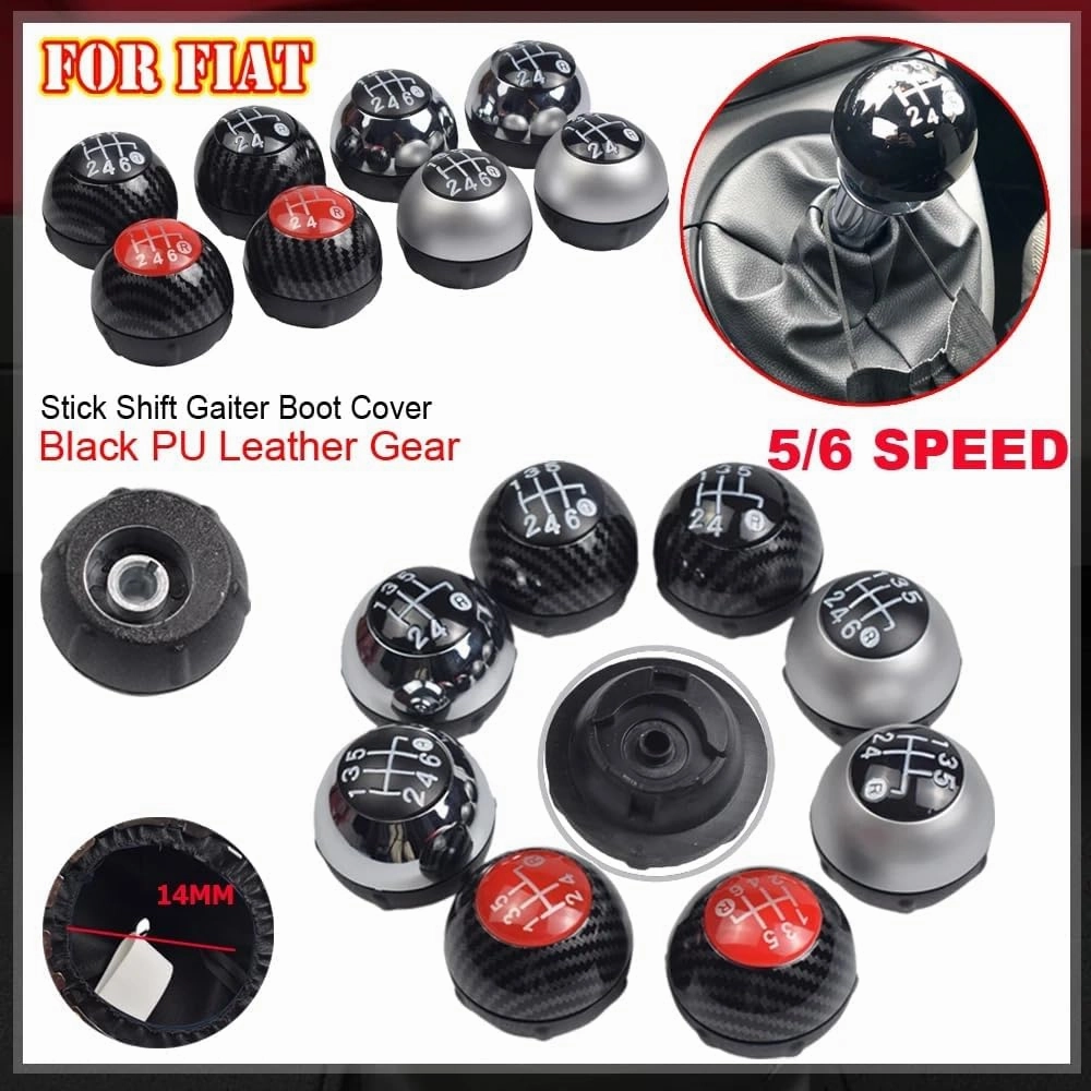Hacreyatu 5 Speed Gear Shift Knob Sitck Head Leather Gloss Black Cap Replacement，Compatible with Fiat 500 500C 2007-2018 (6 Speed Bright Black)