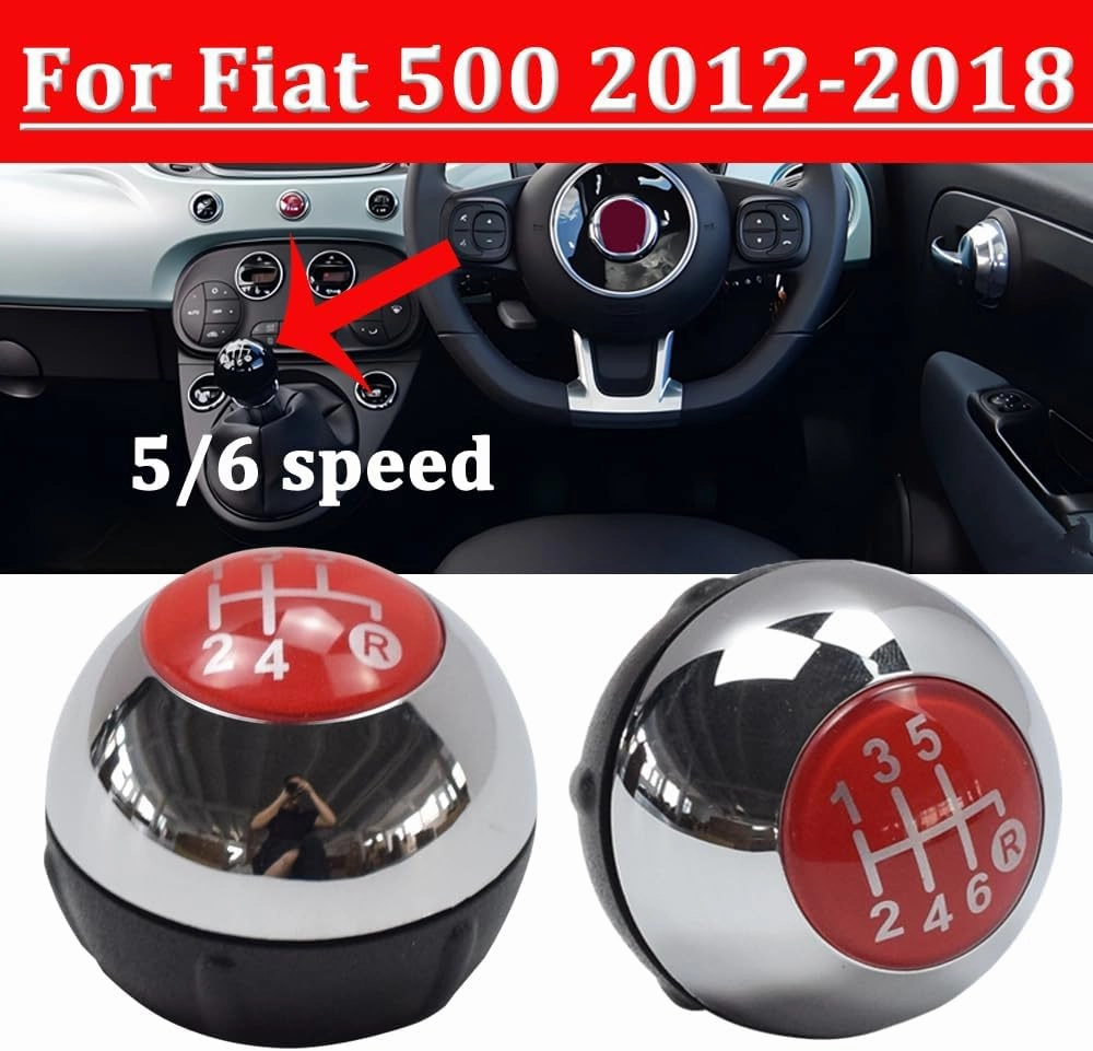 Hacreyatu 5 Speed Gear Shift Knob Sitck Head Leather Gloss Black Cap Replacement，Compatible with Fiat 500 500C 2007-2018 (6 Speed Bright Silver)