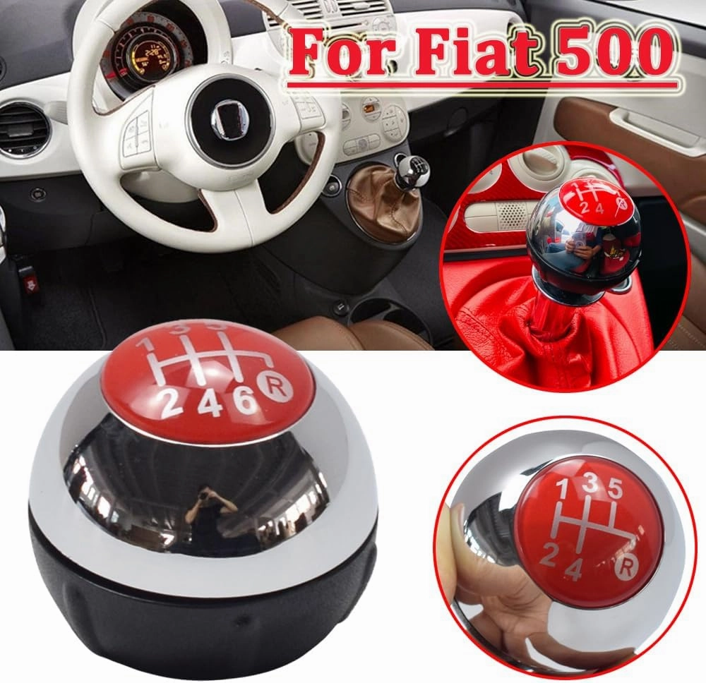 Hacreyatu 5 Speed Gear Shift Knob Sitck Head Leather Gloss Black Cap Replacement，Compatible with Fiat 500 500C 2007-2018 (6 Speed Bright Silver)