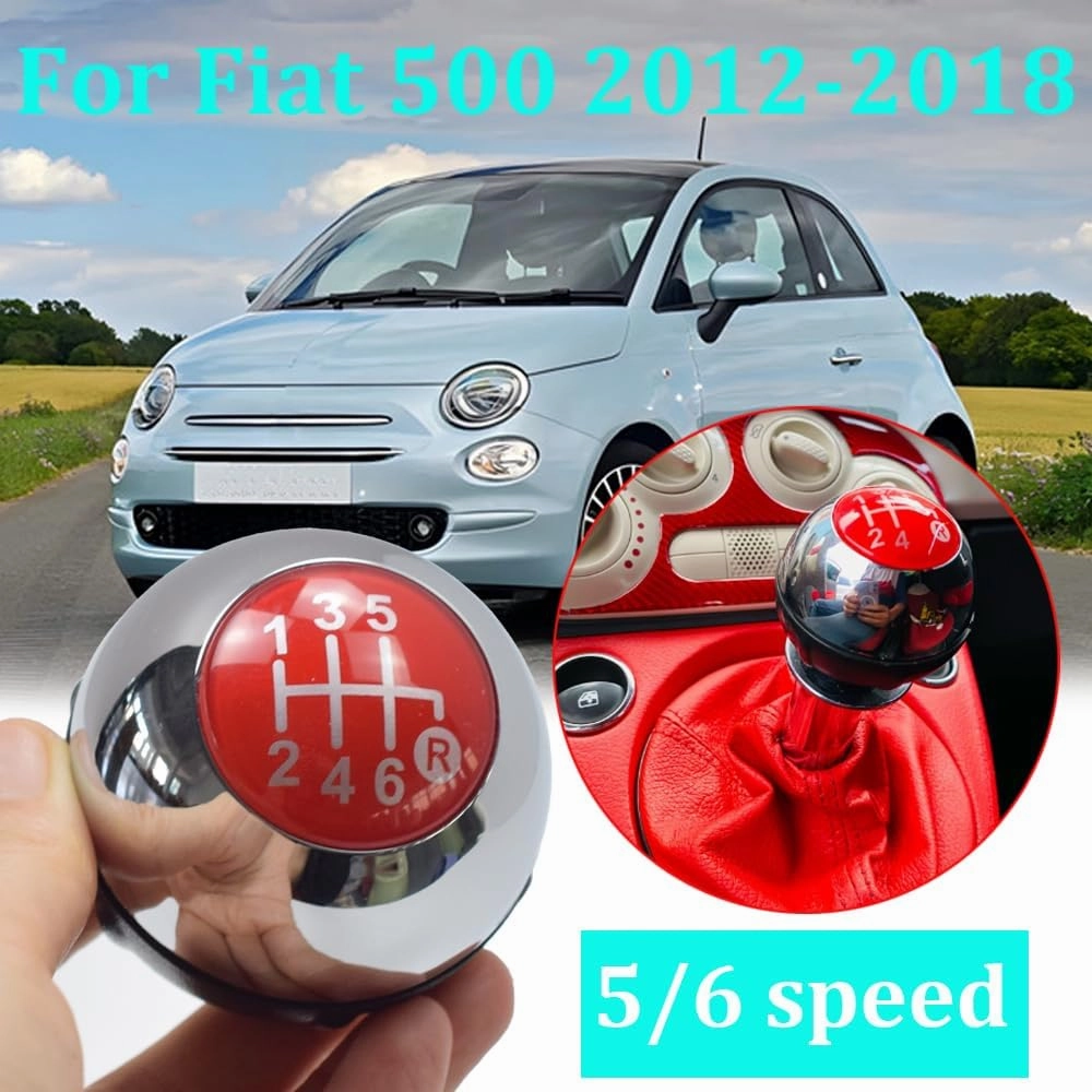 Hacreyatu 5 Speed Gear Shift Knob Sitck Head Leather Gloss Black Cap Replacement，Compatible with Fiat 500 500C 2007-2018 (6 Speed Bright Silver)