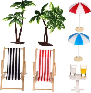 HANABASS Miniature Beach Set Doll House Accessories with Palm Trees Deckchairs Parasols Drinks and Round Tea Table for Fairy Garden Micro Landscape Decor